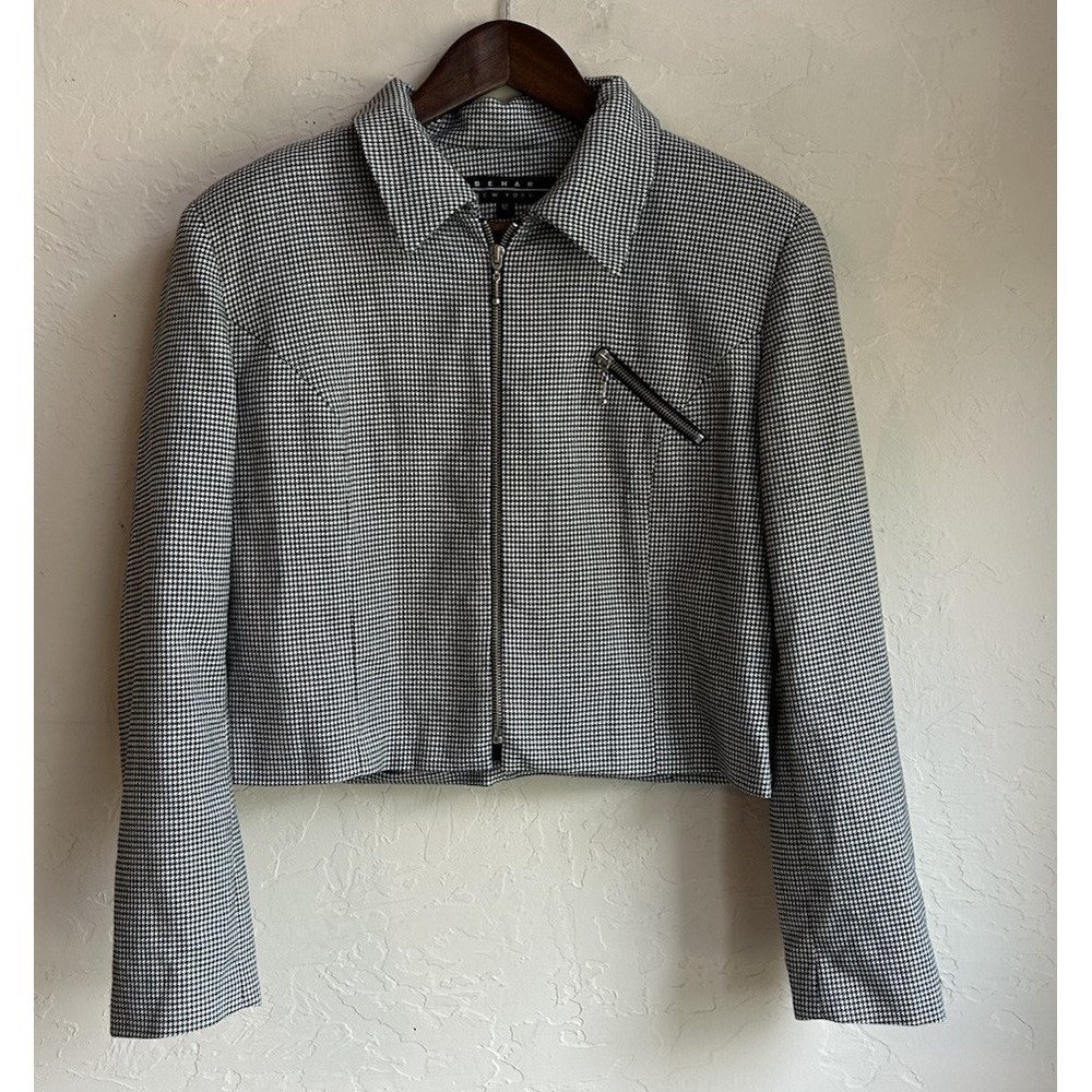 Vintage 90s Boxy Cropped Houndstooth Jacket 12 Zip Preppy Minimalist Classic‎